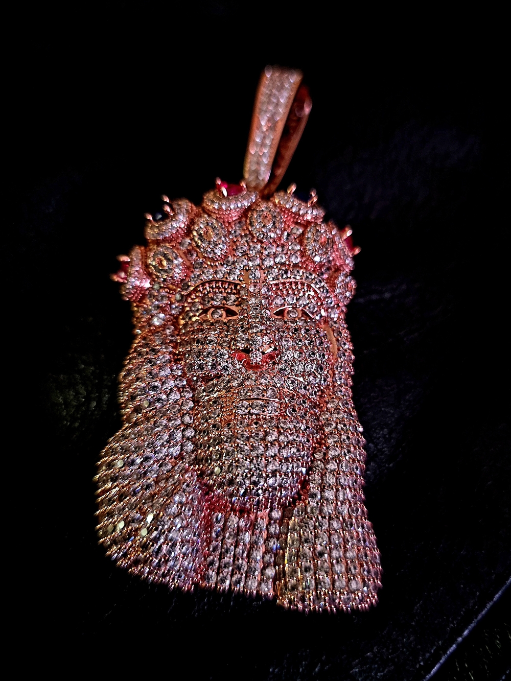 Rhinestone Jesus Piece Pendant - Pink and Gold Tone - Picture 5 of 7